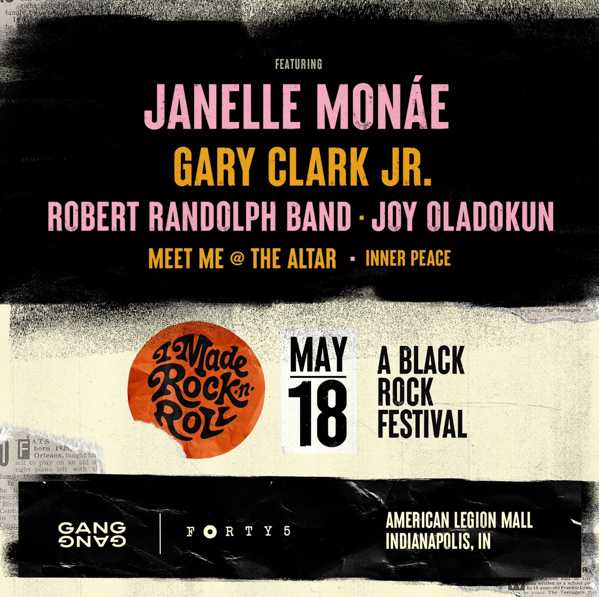 Janelle Monáe, Gary Clark Jr., and more to perform at inaugural #imaderockandroll Festival. Indianapolis, May 18. @Forty5Presents @JanelleMonae @GaryClarkJr @robertrandolph @joyoladokun @MMATAband @InnerPeace4evr Pre-Sale starts tomorrow. Sign up at imaderocknroll.com