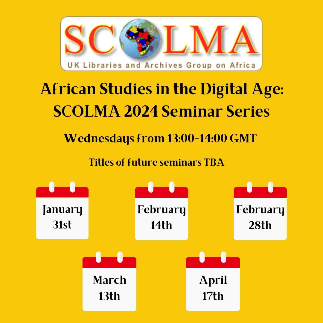 🗓️January 31, 1-2pm GMT - online Digital Re-Curation & Creative Research with African Archives: SCOLMA Seminar Series #1 Registration is open for the 1st of 5 FREE seminars in our 2024 series 'African Studies in the Digital Age' Register below! eventbrite.com/e/scolma-ss-1-…