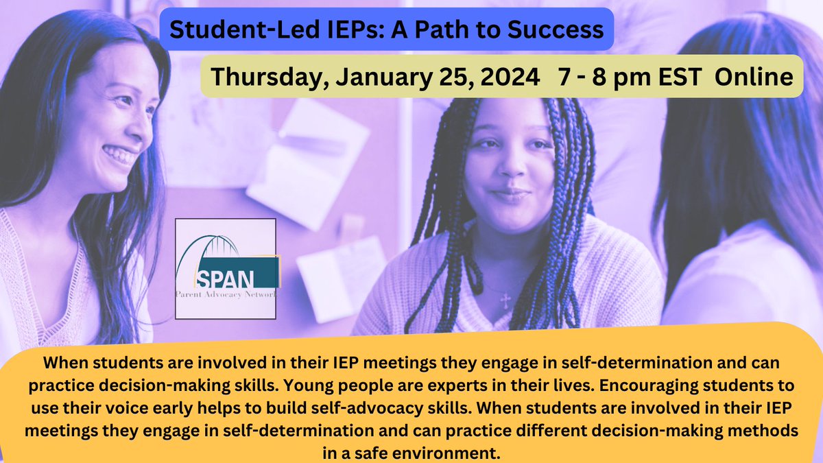 Student Led IEP training frm @SPANadvocacy
on Thursday, Jan 25 7 pm ET.   Learn how parents & schools can work together 2 build these skills in youth/young adults w/disabilities. Register 👇eventbrite.com/e/student-led-…… 
#IfNotNowWhen #spedchat #inclusion
@PNWNY
@rechargedfamily