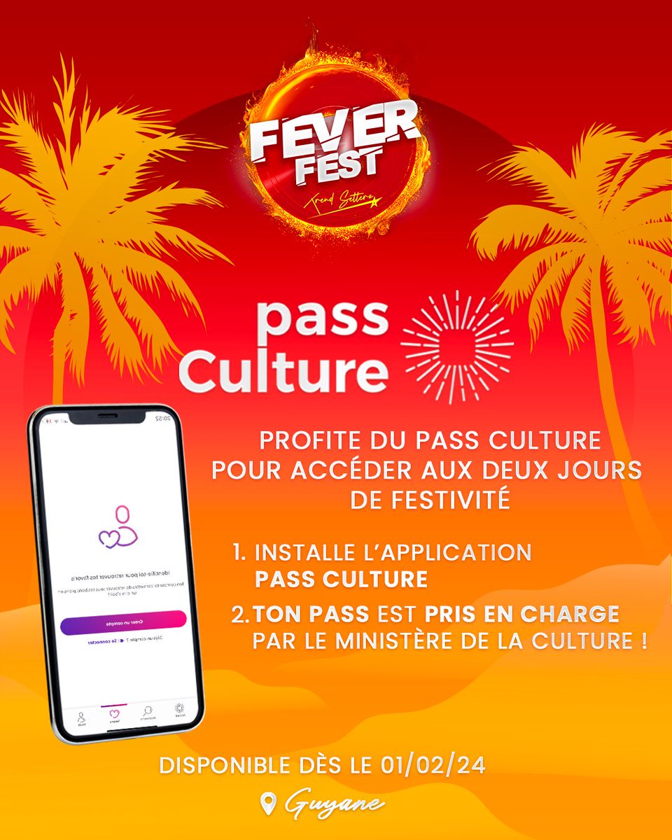 fever_fest_gf's tweet photo. Hey 🫵🏽❤️🧡💛🩵💙

On a pensé à toi 🫵🏽😉

La BILLETTERIE &amp; les PASS CULTURE disponibles dès le 01 Février 2024 📌

🔗 Installe l’App : PASS CULTURE 
💶 Le ministère de la culture prend en charge ton PASS 🥳

#feverfestshs #feverfestival #feverfest #dancehall #guyanefrançaise🇬🇫 https://t.co/4uQde55rOg