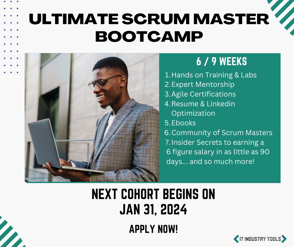 itindustrytools's tweet photo. The Ultimate Scrum Master bootcamp is back! If you are ready to learn the skills needed to jumpstart a 6 figure tech career, apply today! #scrummaster #techbootcamp https://t.co/sDWsSSIUpU