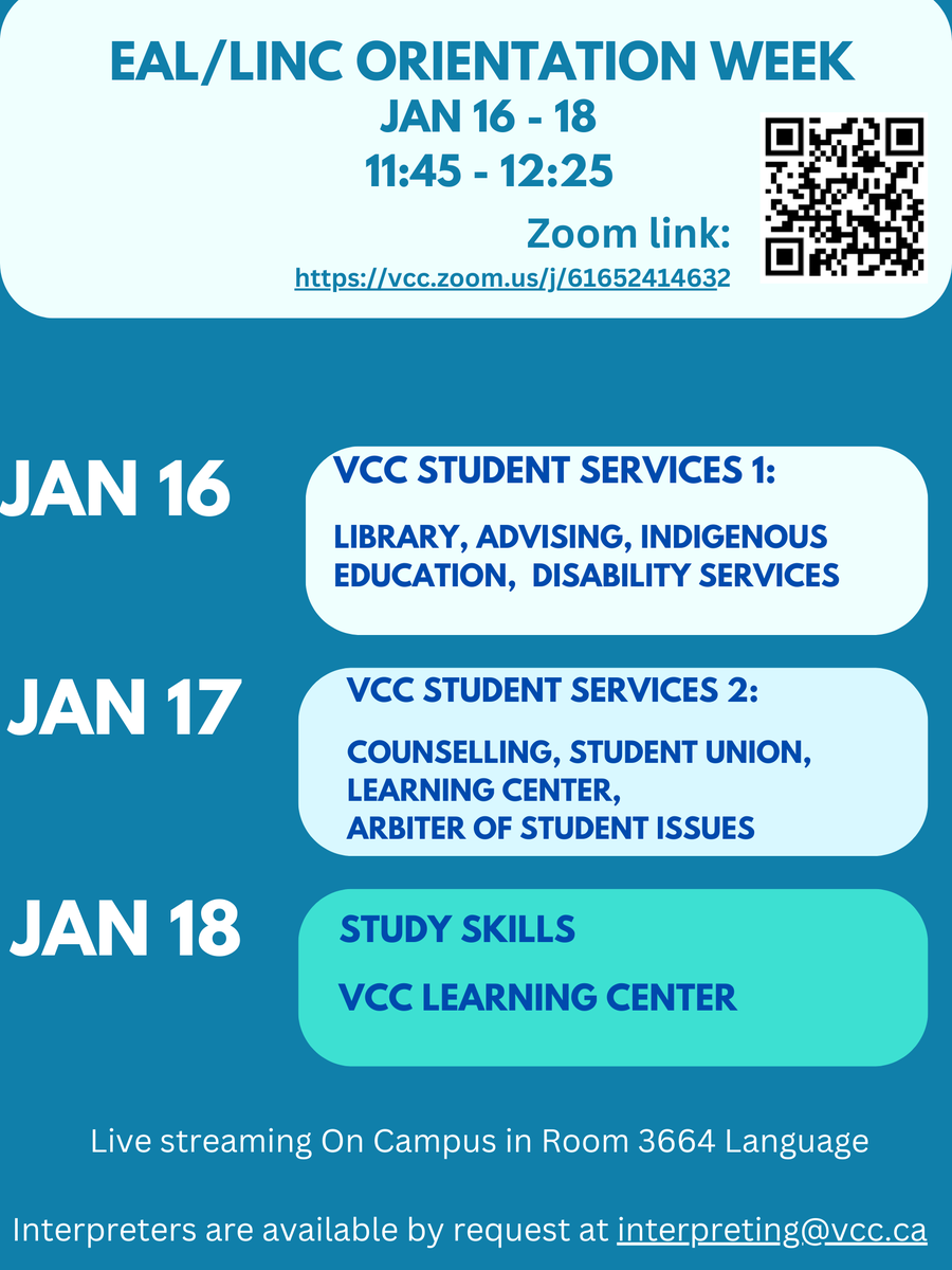 vccesl's tweet photo. Join us next week for our orientation week! We will be offering Zoom sessions Tues - Thurs on important student services. Please join us to learn more 11:45 - 12:25. 

On campus students can meet us in Room 3664. https://t.co/S5dIhCyXN2
