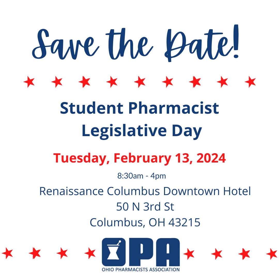OhioPharmacists's tweet photo. Calling all OPA student members! Save the date for our 2024 Student Pharmacists Legislative Day! Plan to join us Tuesday, 2/13 at the Renaissance Columbus Downtown for an impactful day of advocacy.

Look for information from your school regarding registration and event details! https://t.co/iIzfEpiTBc