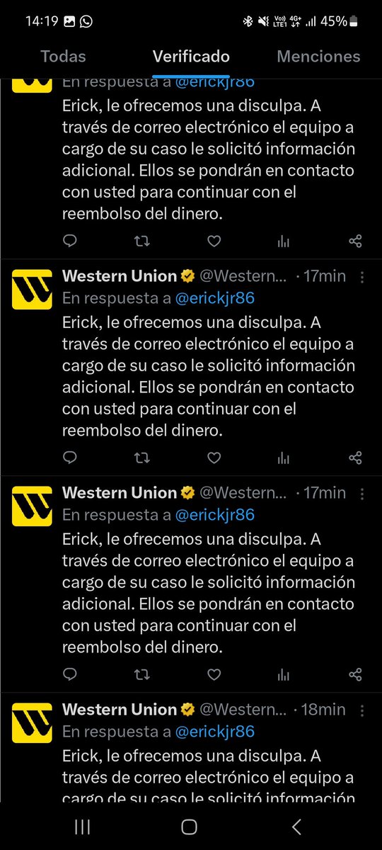 erickjr86's tweet photo. @WesternUnion esta es la prueba de que siempre responden lo mismo es una ma!$;#! burla. es una simple respuesta de copy paste pero no sirven para nada. aca pueden ver que esta empresa se burla de las personas. No isrn esta empresa boicot contra ellos https://t.co/ATi9gaDSE3