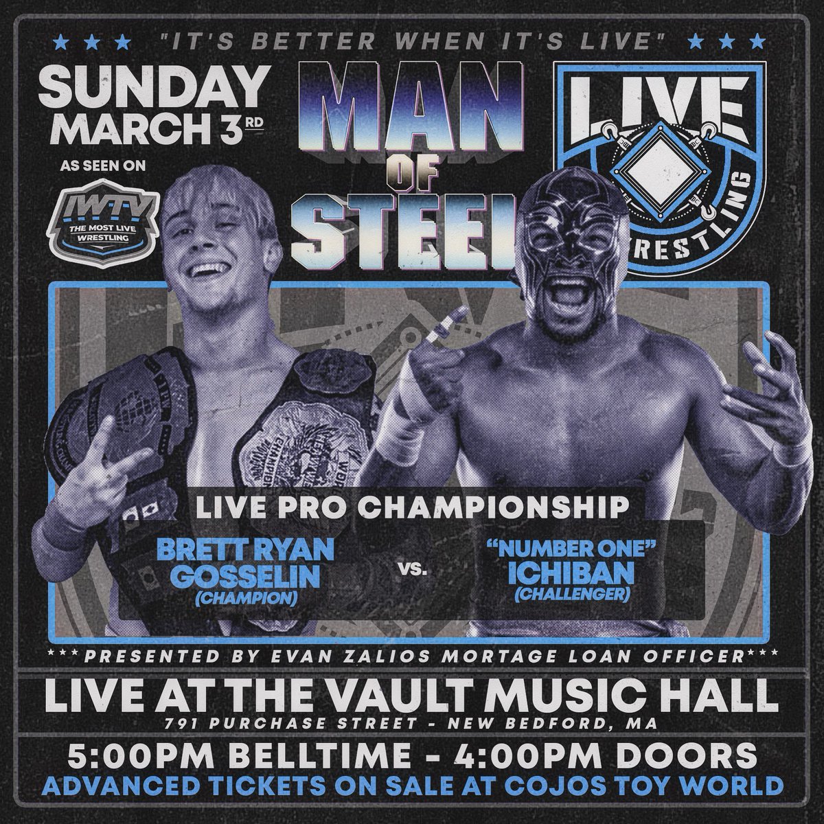LIVEpwevents's tweet photo. 12 front row tickets remain available for our return to New Bedford, MA at The Vault Music Hall on Sunday, March 3rd with our “Man of Steel” event! Get yours today at @cojostoyworld as this will be our fastest front row sell out! 

“It’s BETTER when it’s LIVE!” https://t.co/yNuLh2Vhwz