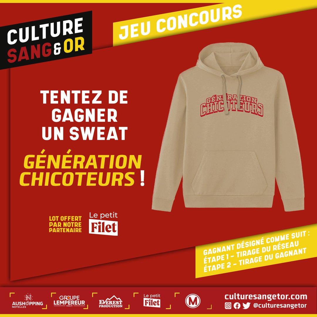 CultureSangEtOr's tweet photo. [Jeu concours | 🎁]

Tentez de gagner un sweat 𝐆𝐞́𝐧𝐞́𝐫𝐚𝐭𝐢𝐨𝐧 𝐂𝐡𝐢𝐜𝐨𝐭𝐞𝐮𝐫𝐬 !

Pour participer :
➡️ Suivez @CultureSangEtOr
➡️ Partagez + mentionnez un ami en commentaire

🏆 TAS et annonce du gagnant le 13/01/2024

Bonne chance ! 😉

#RCLens 🔴🟡 https://t.co/J4fVFQvWvH