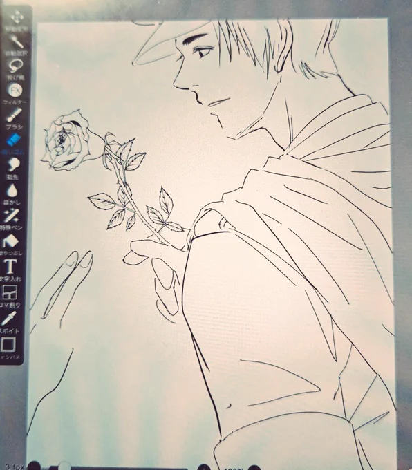 1枚目は去年の1月の描きかけを発見。越谷でVR面会があって須田さんから薔薇🌹を渡されるのですがそのシーンでしたね(はー😮‍💨cv櫻井さんだし、須田さんに逢いたいなあ😭)
2枚目は1年後の先程描き直したもの。いかがでしょうか #イラスト #絵柄が好みっていう人にフォローされたい  #芸術同盟 