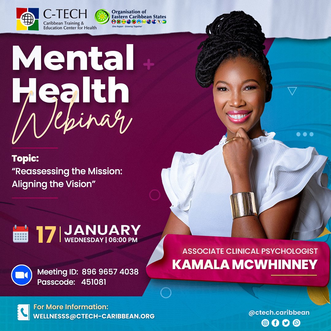 ctechcaribbean's tweet photo. 📣 Attention All!
🌐 Join our #WebinarSeries

🎤 Kamala McWhinney, Associate Clinical Psychologist
🌟"Reassessing the Mission - Aligning the Vision"

🗓️ Wed, January 17, 2024
🕕 6:00 pm
🔐 ID: 451081
🔒 Code: 896 9657 4038

#MentalHealthWebinarSeries #HealthcareWorkers #SelfCare https://t.co/XKdEtTffFd