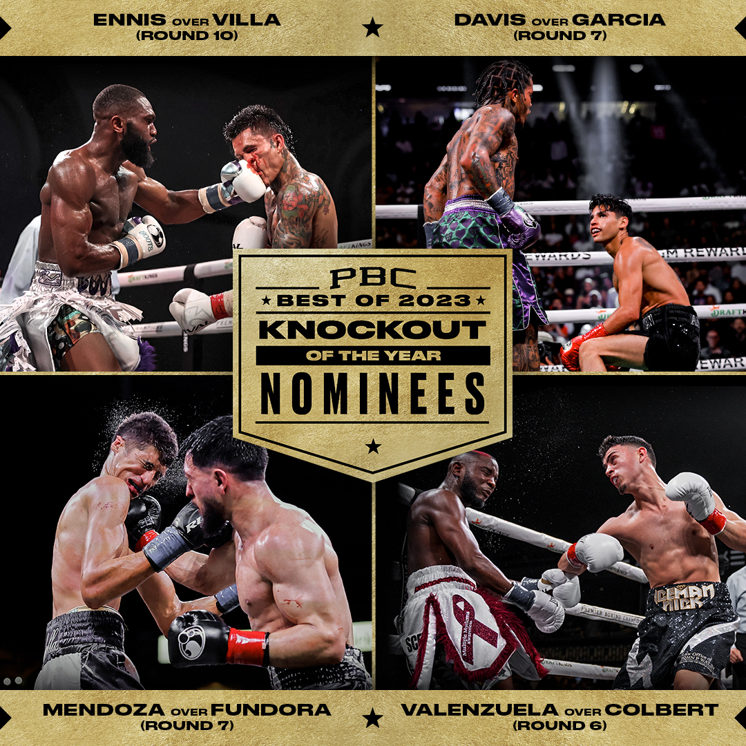 premierboxing's tweet photo. Here are your nominees for the #BestOfPBC2023 #KnockoutOfTheYear Award! Let us know who YOU think should win, then check back in again next week as we reveal the winners. ๐
#EnnisVilla
#DavisGarcia
#FundoraMendoza
#ColbertValenzuela2 https://t.co/EEidCgIu55