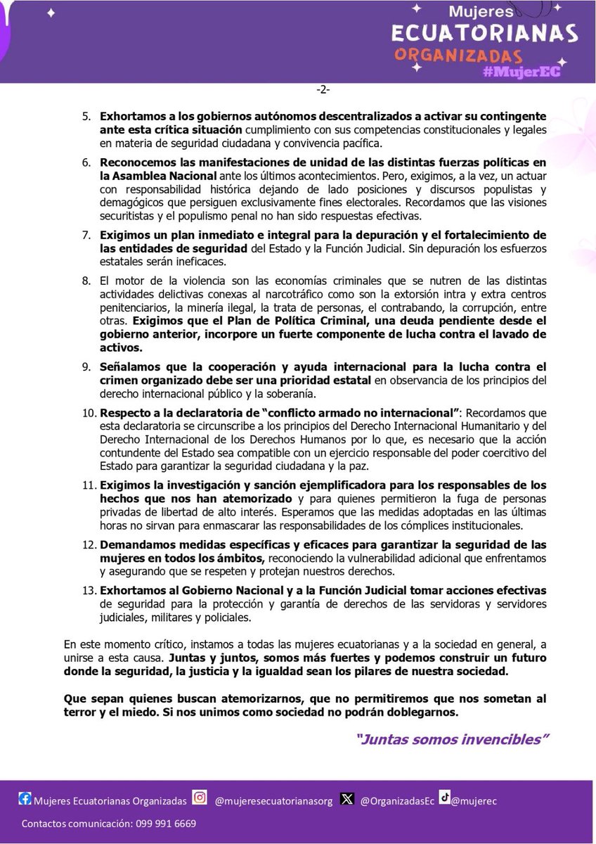 📢📑 PRONUNCIAMIENTO 🇪🇨

Ante la crisis de seguridad que vive el país. 

Alzamos la voz, respaldamos el ejercicio de las competencias estatales,  exigimos acciones integrales y hacemos un llamado a la unidad de la sociedad civil. 👇

#CrisisEcuador #JuntasSomosInvencibles 💪🏼🇪🇨