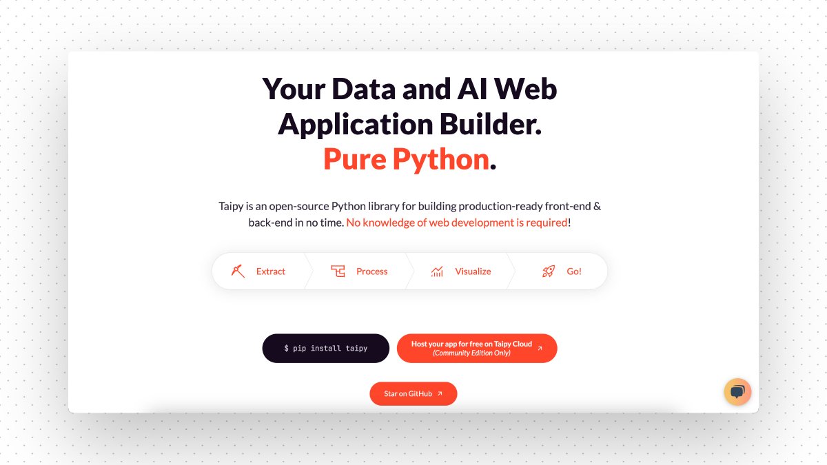 1. Taipy

Taipy is an open-source Python library for building production-ready front-end &amp; back-end in no time.

No knowledge of web development is required!

Give it a star on GitHub!

🔗 github.com/Avaiga/taipy