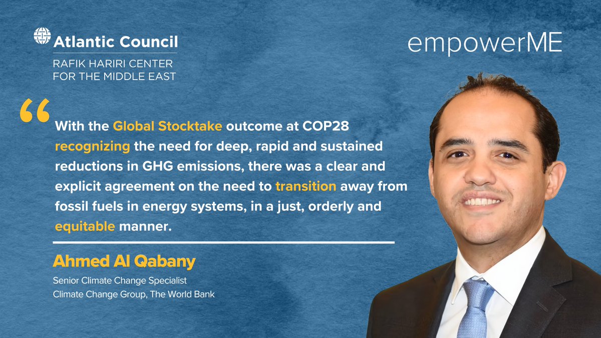 ACMideast's tweet photo. 💡 #ACempowerME asked: What are the main implications of the decision on global stocktake at #COP28 on #MENA countries in particular? @WBG_Climate’s @Qabany weighs in...

For the full quote, check out #ACempowerME’s newsletter: ➡️ https://t.co/PIjehR61Az https://t.co/GVVetyKxqE