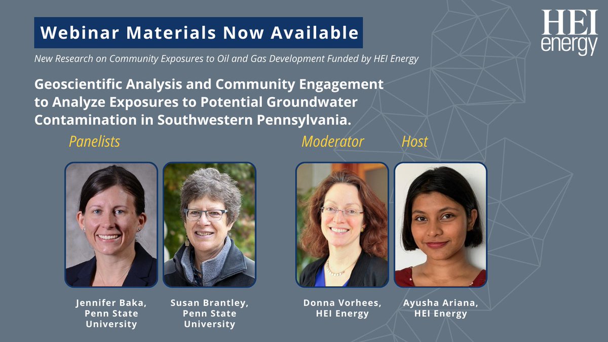 All materials from our recent webinar are now available!

@jennbaka & @BrantleyPSU from @penn_state presented their research on potential groundwater contamination related to oil & gas development in SW Pennsylvania.

More: tinyurl.com/3wjz882c
#EnergyResearch #WaterQuality
