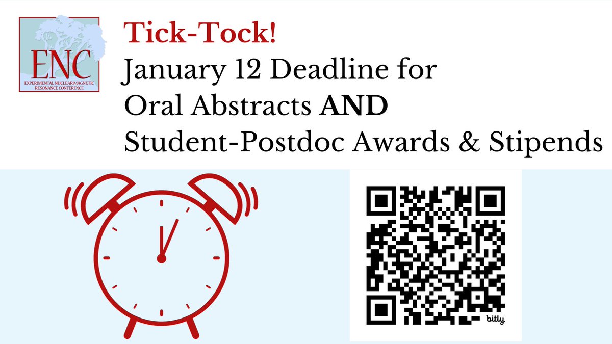 Tick-Tock @ENC_Conf TwiXers! January 12 is the first big deadline for #ENC2024. January 12 is the deadline for Oral Abstract AND Student & Postdoc Award Applications. Giddy-up! enc-conference.org