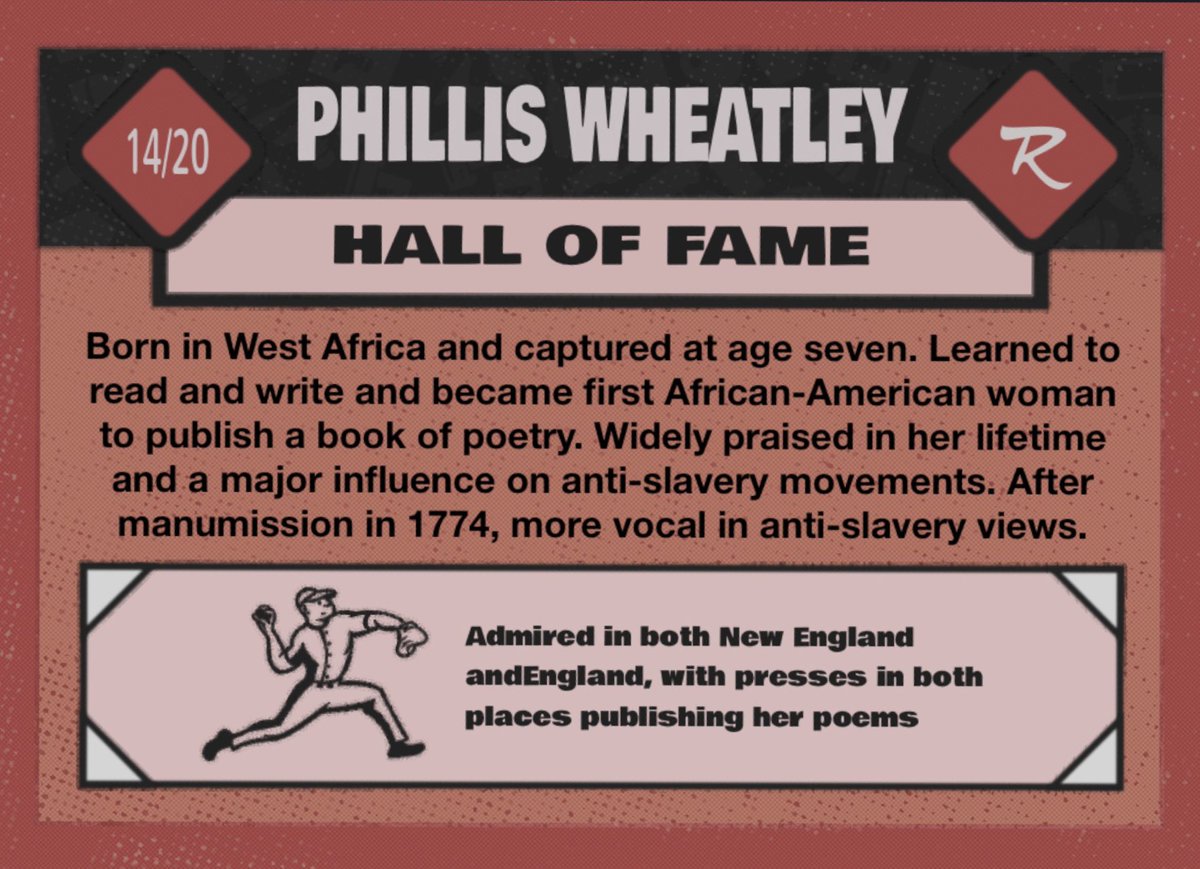 poetbaseball's tweet photo. Poet Baseball Cards
Series D Card #14/20

Hall of Famer Phillis Wheatley

Poet Baseball Cards thanks Osage Arts Community. OAC provides residencies for ar tists of all types in the Ozarks of Missouri.

https://t.co/7JKDWLc65Q https://t.co/kpo2MZYaIv