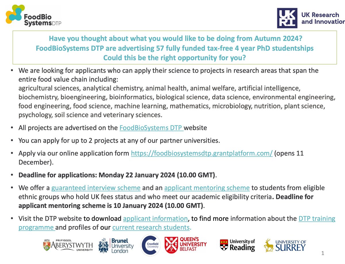 Interested in doing a PhD? We have exciting projects as part of the #FoodSystemsDTP - if you are interested in food systems - that is for you!

research.reading.ac.uk/foodbiosystems…