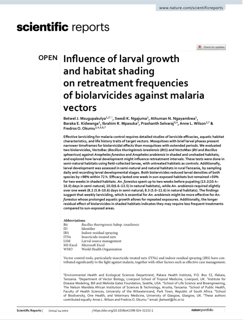 A new study: shows how shade boosts biolarvicide effectiveness, potentially reducing treatment frequency; Also weekly larviciding is essential for An. arabiensis might be more effective for An. funestus.
<a href="/ifakarahealth/">Ifakara Health Institute</a> <a href="/LSTMvector/">LSTM Vector Biology</a> <a href="/fredros/">fredros</a> <a href="/pselvaraj05/">Prashanth Selvaraj</a>
nature.com/articles/s4159…