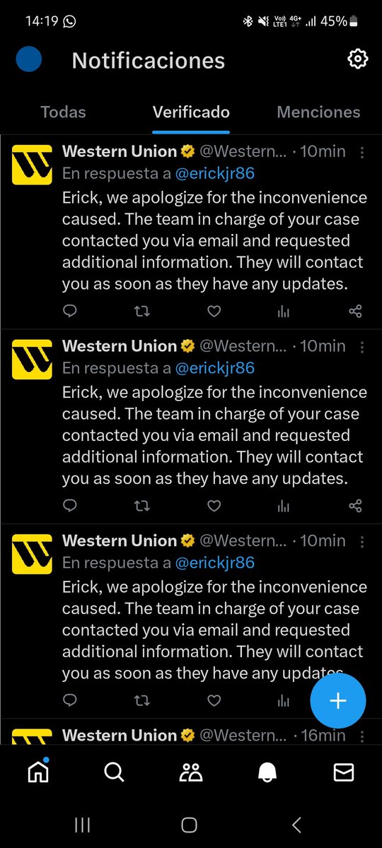 erickjr86's tweet photo. @WesternUnion here in this picture all can look as this company mocks of you customers they always gave the same aswer, i mean, those is a speech or automatoc answer. Don't use this company is a D@]... PLEASE DON'T SENT MONEY WITH THEY SHOULD USE ANOTHER COMPANY https://t.co/9LitZYi4tN