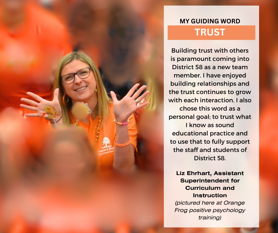 DGDistrict58's tweet photo. Liz Ehrhart is the new Assistant Superintendent for Curriculum and Instruction and has hit the ground running since joining District 58 in July. We love her guiding word for the year! #dg58pride #guidingword #trust https://t.co/vVoz31E4jo