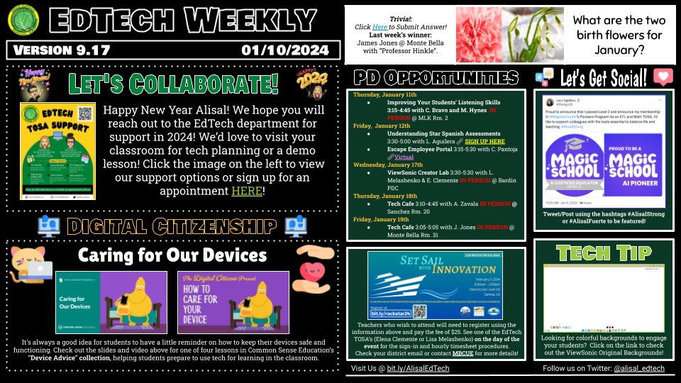 Happy New Year Alisal! 🪩 This week's EdTech Weekly features EdTech Support 🏫, a digital citizenship lesson from @CommonSenseEd 💓💻, information about the upcoming @mbcue Rockstar event👩🏼‍🎤, PD Opportunities🧑‍💻, …and more! 💚 #alisalstrong #alisalfuerte bit.ly/AlisalWeekly