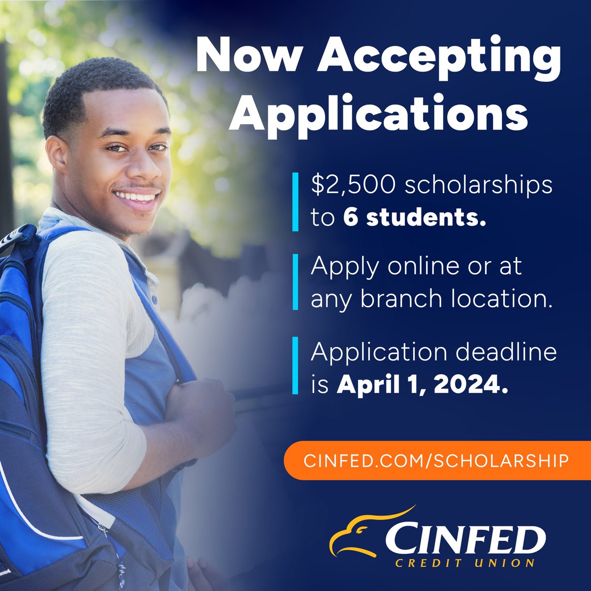 Know a current or future college student? 

This year, Cinfed will be awarding $2,500 scholarships to 6 students for the 2024-25 school year! Apply online or stop by any Cinfed branch location for a printed application. 

Application deadline is April 1, 2024.  (1/2)