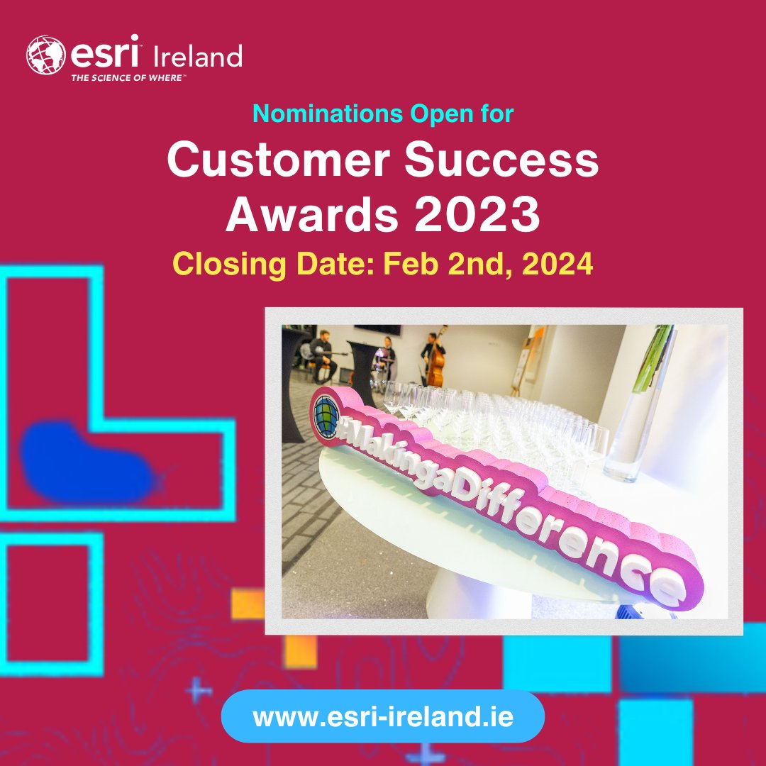 Reminder🔔: Nominations for our 2023 Customer Awards close on Feb 2, 2024! 🏆
 
The six award categories can be found on our website: esri.social/snOH50QpELC
 
Award nominations can be submitted here: esri.social/yt8850QpEM4

#MakingaDifference #CustomerSuccess #GISAwards #ArcGIS