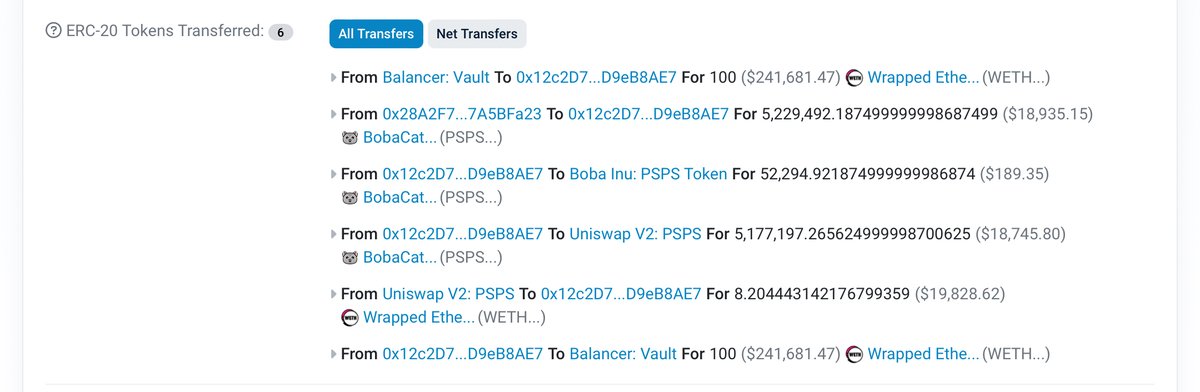 LordNull's tweet image. #MEV profited $17,379.21 from #arbitrage, using 3 Tokens ( $PSPS , $ETH , $WETH )  
Tx Hash: 0x650fe914f3ec32907b208e8a4eccc0128f1376e6261a90ba4bd6a35083ca6c19