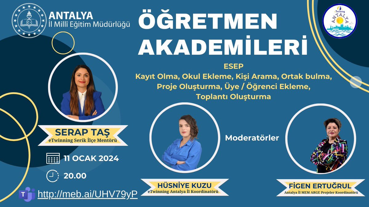 antalyamem07's tweet photo. 📢İl Milli Eğitim Müdürlüğümüz Ar-Ge Birimi Koordinatörlüğünde eTwinning Bilgilendirme Toplantısı ve Yeni Platform ESEP’in (Kayıt Olma, Okul Ekleme, Kişi Arama, Ortak bulma, Proje Oluşturma, Üye/Öğrenci Ekleme, Toplantı Oluşturma) eğitimleri Çevrim İçi olarak gerçekleştirilecektir.

🗓️11 Ocak 2024
⏰20.00
🔗https://t.co/UxpwFqgvqr

@tcmeb @Yusuf__Tekin @skaygusuz @AntalyaValilik