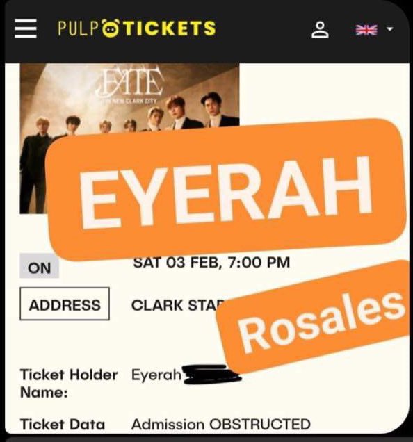 Beware of this ticket/watermark and name!!

Eyerah Rosales 

Selling my ticket and using my first name to scam engenes!!

They use alipay as their mop 
Account name: Therie Dimina
Account number: 09817488100