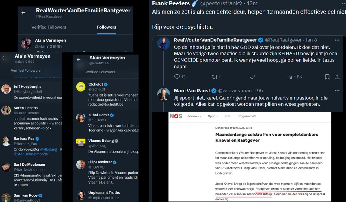 peetersfrank2's tweet photo. Tot 1 jaar effectief veroordeelde Nederlander, complotdenker - zo zot als een achterdeur-  volgt één vlaemse Belg, die op zijn beurt hem ook volgt.
#AltijdPrijs https://t.co/nFrPvroCE6