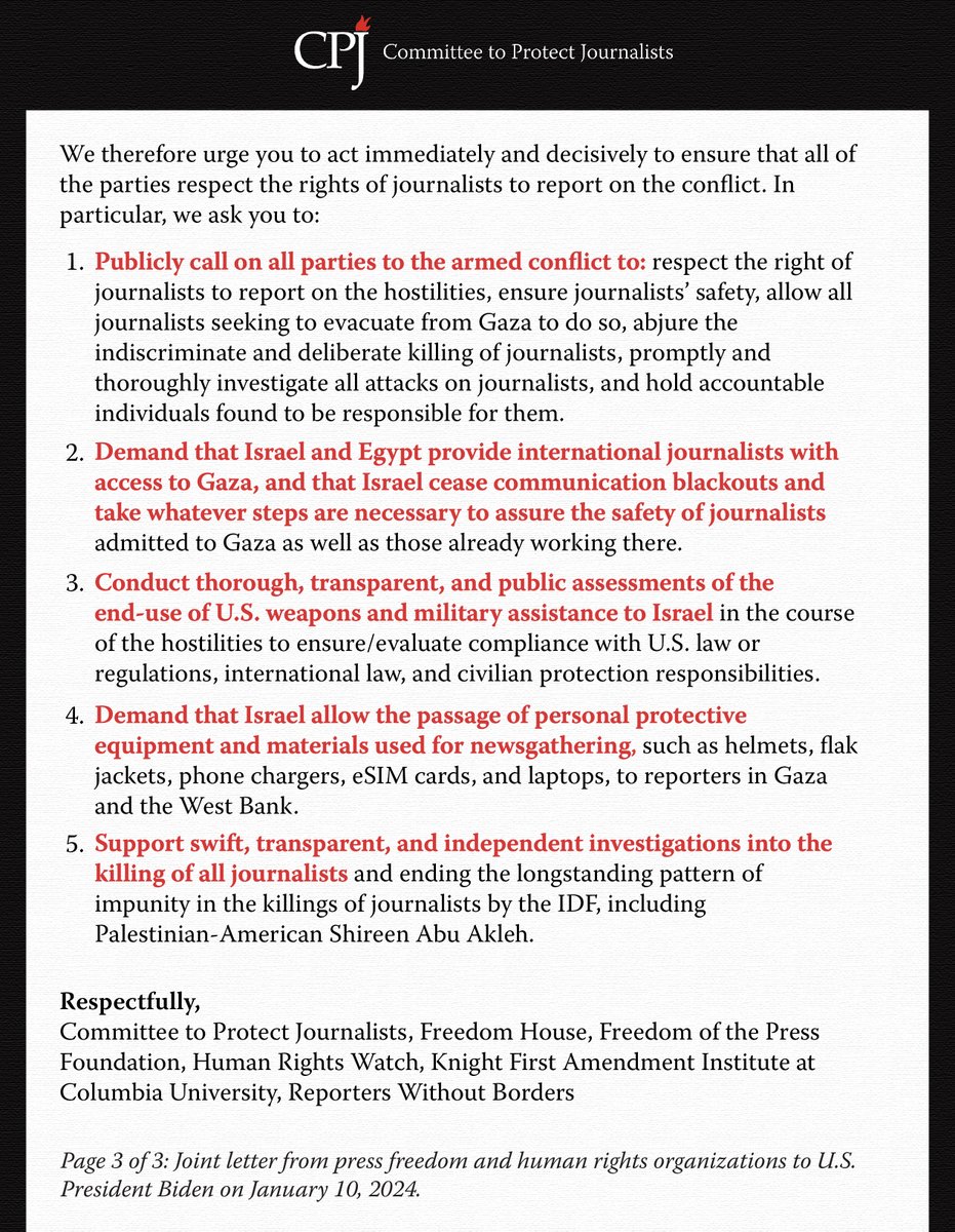 Today, CPJ, @freedomhouse, @freedomofpress, @hrw, @knightcolumbia, and @RSF_en call on U.S. President @JoeBiden to act immediately and decisively to promote the conditions for safe and unrestricted reporting on the hostilities in Israel, Palestine, and Lebanon. The Israel-Gaza