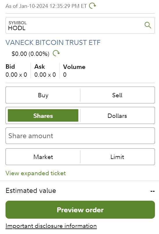 UPDATE: Die ersten ETF‘s sind bereits auf dem Broker Fidelity auffindbar. 

Einmal ARK mit $ARKB und Vaneck unter $HODL Ticker.

Das ist zwar noch keine offizielle Genehmigung der SEC aber indirekte Bestätigung und Teil der letzten Vorbereitungen.
