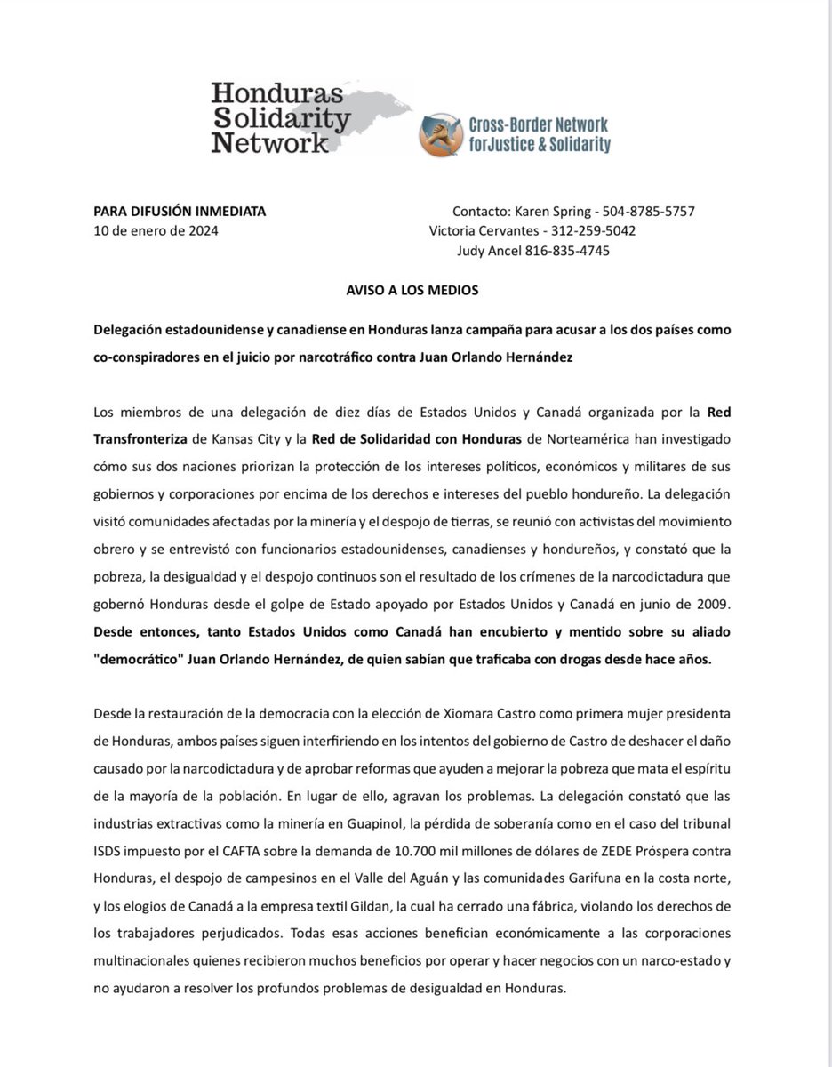 HondurasNow's tweet photo. Press release in English &amp; Spanish that we read to several Honduran media during the press conference in front of the US Embassy in Tegucigalpa #Honduras: https://t.co/9XZc54QBo0