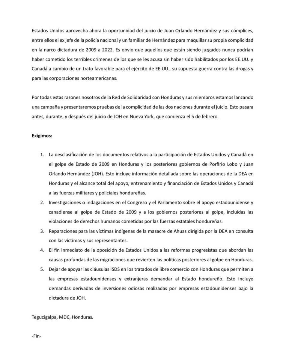 HondurasNow's tweet photo. Press release in English &amp; Spanish that we read to several Honduran media during the press conference in front of the US Embassy in Tegucigalpa #Honduras: https://t.co/9XZc54QBo0