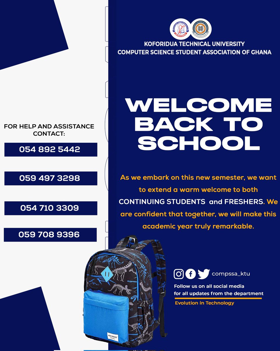 CompssaKtu's tweet photo. Welcome ❤️ back to school🥳 to all computer science students from the computer science department executives ❤️ Connect with us today 😀 #welcometoschool #school #KTU https://t.co/CBbo1bq1lD
