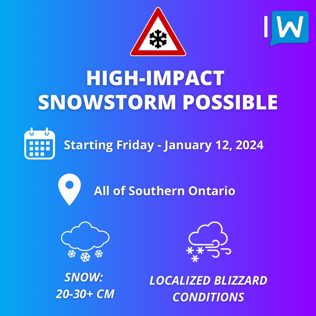 IWeatherON's tweet photo. #ONStorm #ONwx ⚠️ Get Your Shovels, Southern Ontario! The First Major Snowstorm of the Season Is on the Way This Weekend ❄️

📅 Friday, January 12 - Sunday, January 14, 2024

🔗 https://t.co/iceSWJ78nQ

——

Confidence is growing in a strong system set to sweep across Southern Ontario starting Friday and persisting throughout the weekend. In contrast to previous weather systems, this one looks likely to keep most of the region on the snowy side, leading to widespread and substantial snowfall.

Although there's always a chance for last-minute changes, it's nearly certain that parts of Southern Ontario are in for a heavy snowfall this weekend. The onset is expected sometime Friday afternoon, continuing into Saturday. 

We're still finalizing the exact details, but a more detailed preliminary forecast will be available later today.

Currently, we anticipate general snowfall totals in the range of 20-30cm across a broad area of Southern Ontario, extending from the Southwest through the Greater Toronto Area and into Central/Eastern Ontario. 

Almost everyone in these regions should brace for significant snowfall. In some localities, particularly around Lake Huron and Georgian Bay, totals could surpass 30cm, boosted by lake-enhanced snowfall.

The combination of intense snow and potentially strong, damaging wind gusts of 70-90km/h could lead to complete whiteouts. We can't discount the possibility of blizzard conditions, especially in Southwestern Ontario.

The main area of uncertainty lies along the Lake Ontario shoreline and in the Niagara region. Some forecasts suggest a brief switch to rain overnight on Friday, followed by a return to snow on Saturday. 

This could result in lower snowfall amounts near the shoreline, heavily dependent on the storm's exact path. The latest data shows a trend towards a westward path, which could introduce warmer air into the region.

Another aspect we're watching closely is the potential for significant lake effect snow following the storm, starting Sunday and possibly extending into the week. This could lead to remarkable snowfall accumulations in typical snowbelt areas such as Grey-Bruce, Simcoe County, Muskoka, and Parry Sound. 

By week's end, some of these areas might be measuring the snow in FEET (1 ft = 30cm).

In summary, the upcoming week promises to be a hectic one, but we're prepared and will keep you updated with in-depth information around the clock. Stay tuned!

- Brennen