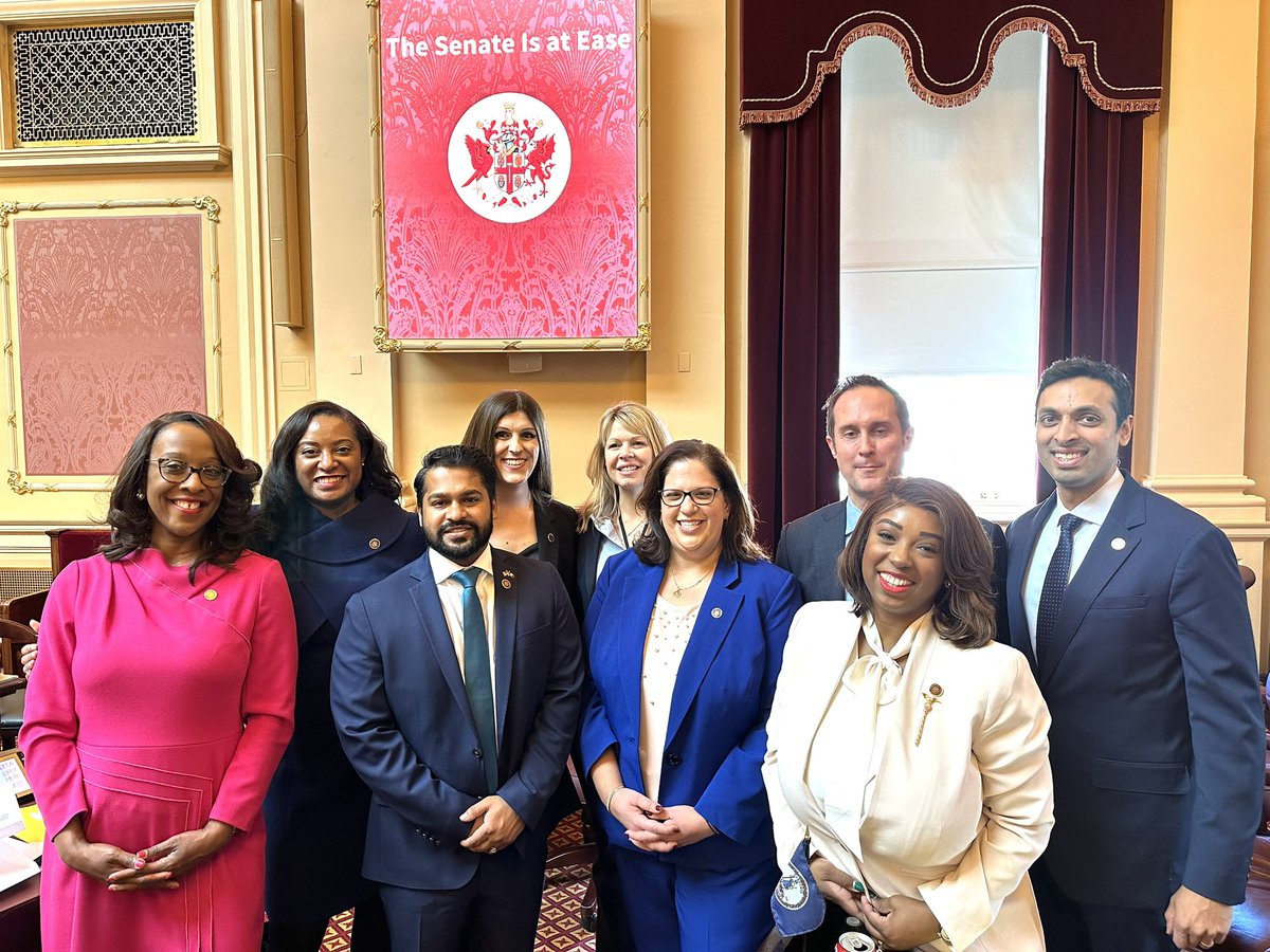 Photo in the Senate chamber of new democratic members of the Senate after swearing in.