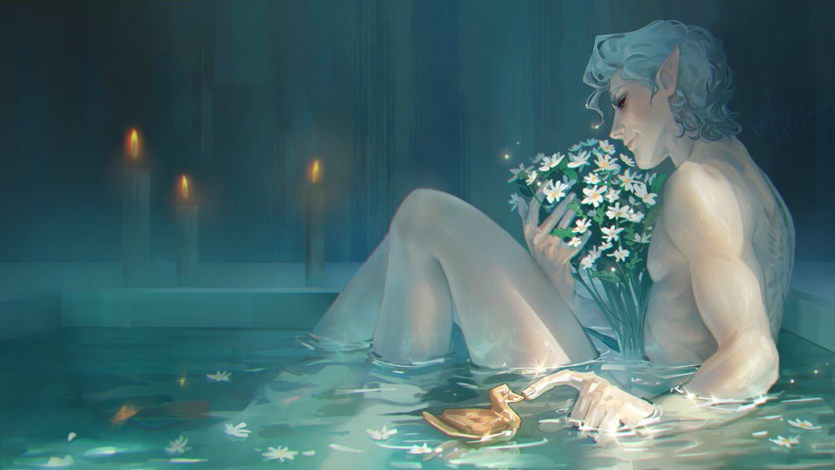 Alen_Lotz's tweet photo. Can't resist adding flowers to him ;) I tried drawing water for the first time, and luckily, it didn't turn out too messy. Oh, I also remembered that Astarion doesn't have a reflection ❤️🦆
#BG3 #BaldursGate3 #Astarion https://t.co/7hFUwA1mP7