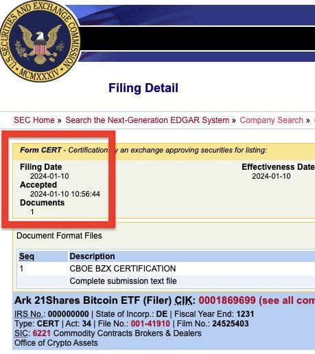 CryptoMichNL's tweet photo. The Ark 21Shares #Bitcoin Spot ETF is approved! 

Official on the website of the SEC.

We're waiting for further confirmations, but it seems legit that we're going live tomorrow with this. 

A historical day. https://t.co/Wq0R6Uscwo