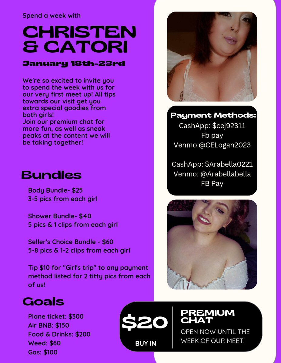 FxckingGoddes's tweet photo. My bestie Christen  &amp; I will be meeting in a week! Taking g/g custom orders for the entire trip ;) spend $20 or more on us and get added to our mini premium on FB messenger to see the content we make together! Come join us! https://t.co/nWImj15Ysy