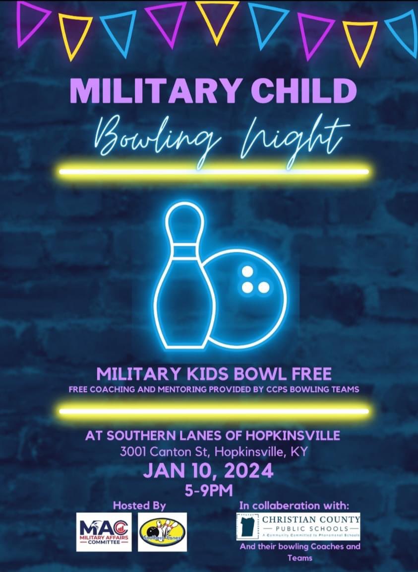 CCHHSBowling's tweet photo. Military children ‼️
If you’re not busy this evening, we would love to see you at the bowling alley tonight in Hopkinsville!!
#MilitaryChildBowlingNight
#WeBowl
#southernlanes
@Christian_Co270
#GoMAC https://t.co/xYYkg6vo9n
