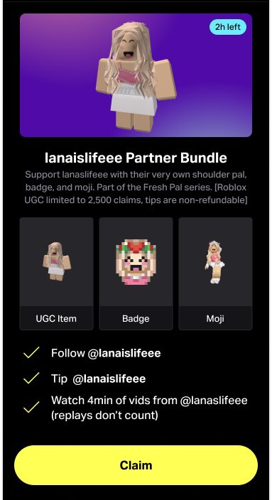 My @FreshCut bundle launches in 15 minutes! 💗 You can get a badge, emoji and shoulder pal! 🎀 It's time limited and limited stock so to get it be quick! ⏳ freshcut.gg/@lanaslifeee