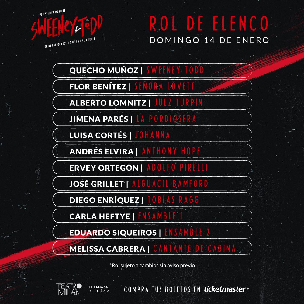¡𝐅𝐈𝐍 𝐃𝐄 𝐒𝐄𝐌𝐀𝐍𝐀, 𝐃𝐄 𝐀𝐅𝐄𝐈𝐓𝐀𝐃𝐀 𝐀𝐋 𝐑𝐀𝐒! 🔪🩸

Sobre el escenario estarán las almas listas, para contarte del famoso barbero de la #CalleFleet. 💈

¿Estás listx para escuchar sobre #SweeneyTodd?

¡HAY SOPRESAS! ✨
Quédate atentx a nuestras redes.