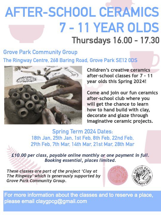 ClayGrovePark's tweet photo. Our adult classes are full for the term, however we still have some places in the kids class starting next week. See poster for more details. Grateful for shares in our community. Thanks for the community support 🌞🌿🎨@GroveParkSE12 @ChinbrookAction @GroveParkYC @Liveable_SE12 https://t.co/MnwvNvGmwK