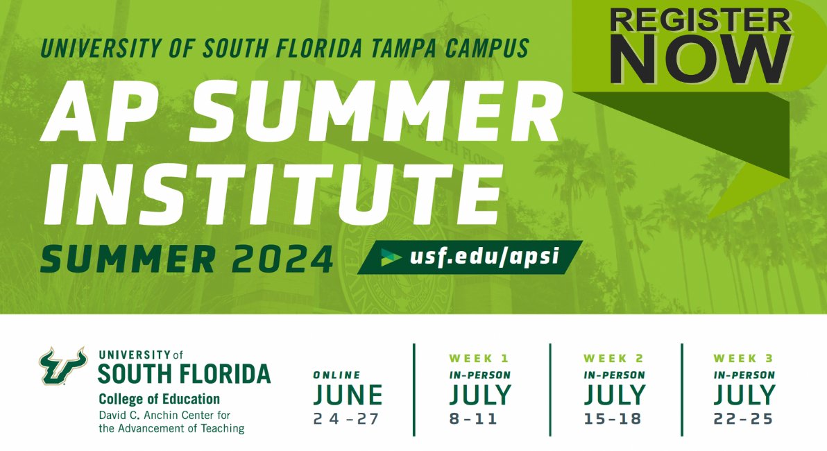 Registration is officially OPEN for our 2024 AP Summer Institute! Learn more and register at usf.edu/apsi.

The AP Summer Institute is a College Board endorsed program that provides professional development to AP teachers. 

#collegeboard #apsi #advancedplacement