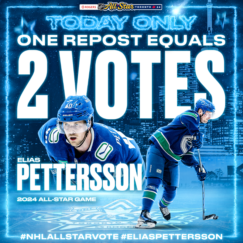 Canucks's tweet photo. Undoubtedly an All-Star. Let's send Petey to the 2024 #NHLAllStar game in Toronto! 
 
#NHLAllStarVote Elias Pettersson
 
1 RT = 2️⃣ #NHLAllStarVote