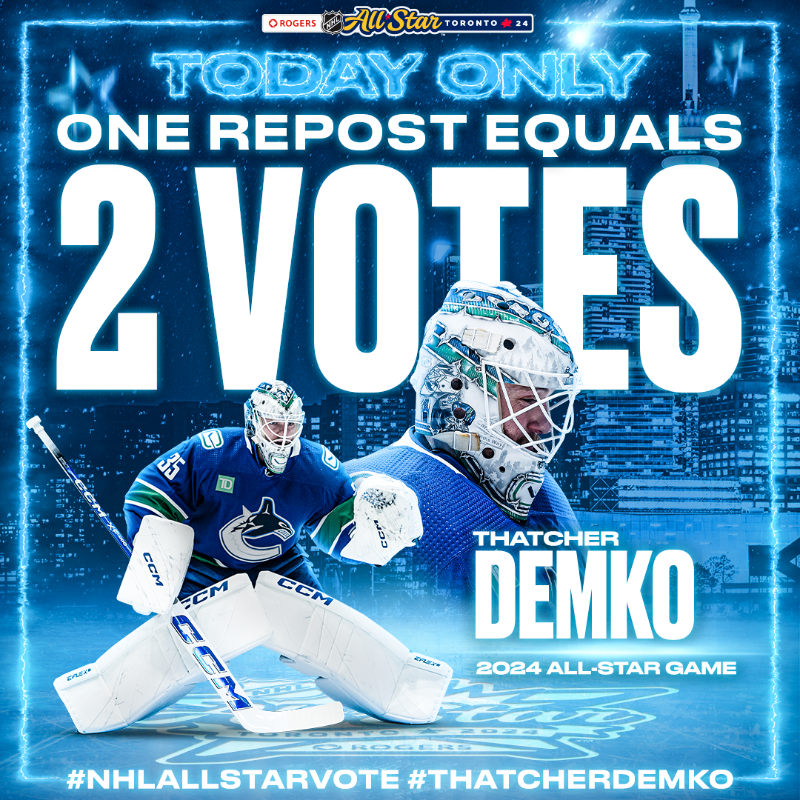 Canucks's tweet photo. It’s been a record-breaking season for the #Canucks goalie, let’s add an #NHLAllStar appearance, too.
 
#NHLAllStarVote Thatcher Demko
 
1 RT = 2️⃣ #NHLAllStarVote
