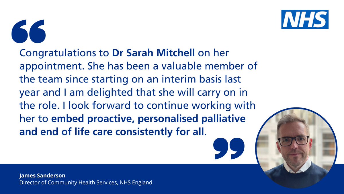 .@JamesCSanderson welcomes today's appointment of @NHSEngland's National Clinical Director for Palliative and End of Life Care, Dr Sarah Mitchell. england.nhs.uk/about/ncd/#pal…