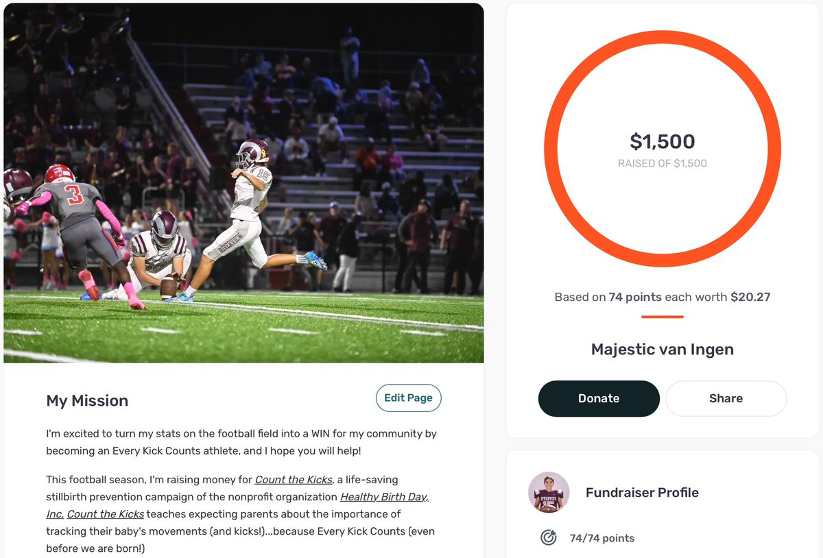 Majestic van Ingen (@majvaningen) on Twitter photo It has been an absolute honor to be part of the <a href="/EK_Counts/">Every Kick Counts</a> Family. I’m proud to say with every point I scored this season, I have raised a total of $1,500! Thank you so much to everyone who donated!
<a href="/RamsRhsFootball/">Riverview Football</a>
<a href="/BrodyWiseman/">Brody Wiseman</a>
<a href="/MichaelGrutt1/">@MichaelGrutt</a>
<a href="/ampcampbell3/">amp campbell</a>
<a href="/OneOnOneKicking/">OneOnOne Kicking Camps🏈</a> It has been an absolute honor to be part of the <a href="/EK_Counts/">Every Kick Counts</a> Family. I’m proud to say with every point I scored this season, I have raised a total of $1,500! Thank you so much to everyone who donated!
<a href="/RamsRhsFootball/">Riverview Football</a>
<a href="/BrodyWiseman/">Brody Wiseman</a>
<a href="/MichaelGrutt1/">@MichaelGrutt</a>
<a href="/ampcampbell3/">amp campbell</a>
<a href="/OneOnOneKicking/">OneOnOne Kicking Camps🏈</a>