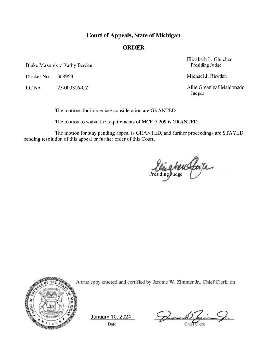 KyleBristow's tweet photo. Today the Michigan Court of Appeals granted my motion to outright stay the "Michigan Donald Trump elector" lawsuit.  My application for leave to appeal was previously granted.

https://t.co/mqkcYtrobl https://t.co/QcrWs7yKbF